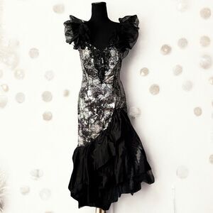 Vintage Loralie Original Black Silver Sequin Bead Lace Gown Sz 14
